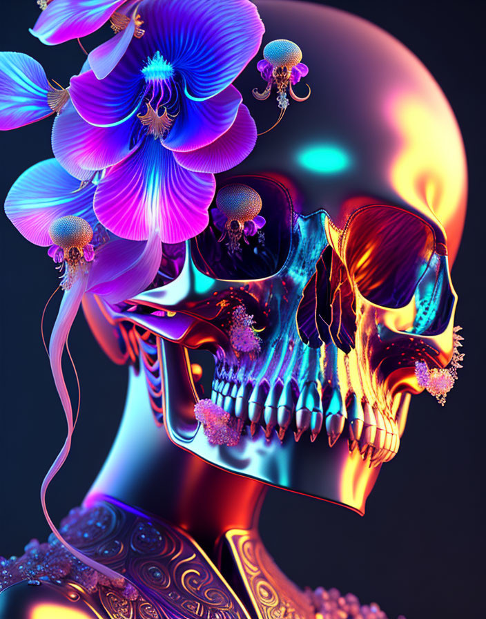 Neon-colored skull with orchids and jellyfish on dark background