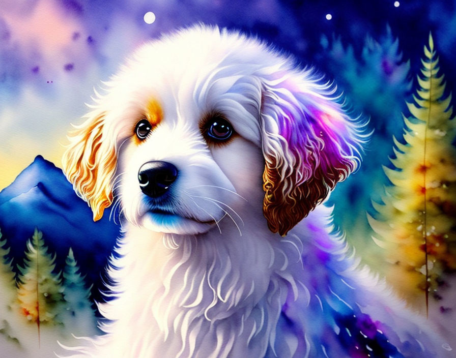 Fluffy White Dog Illustration with Colorful Ears in Mountain Scene