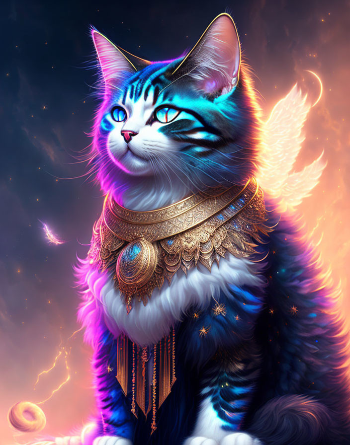 Majestic fantasy cat with cosmic fur pattern and ethereal wings