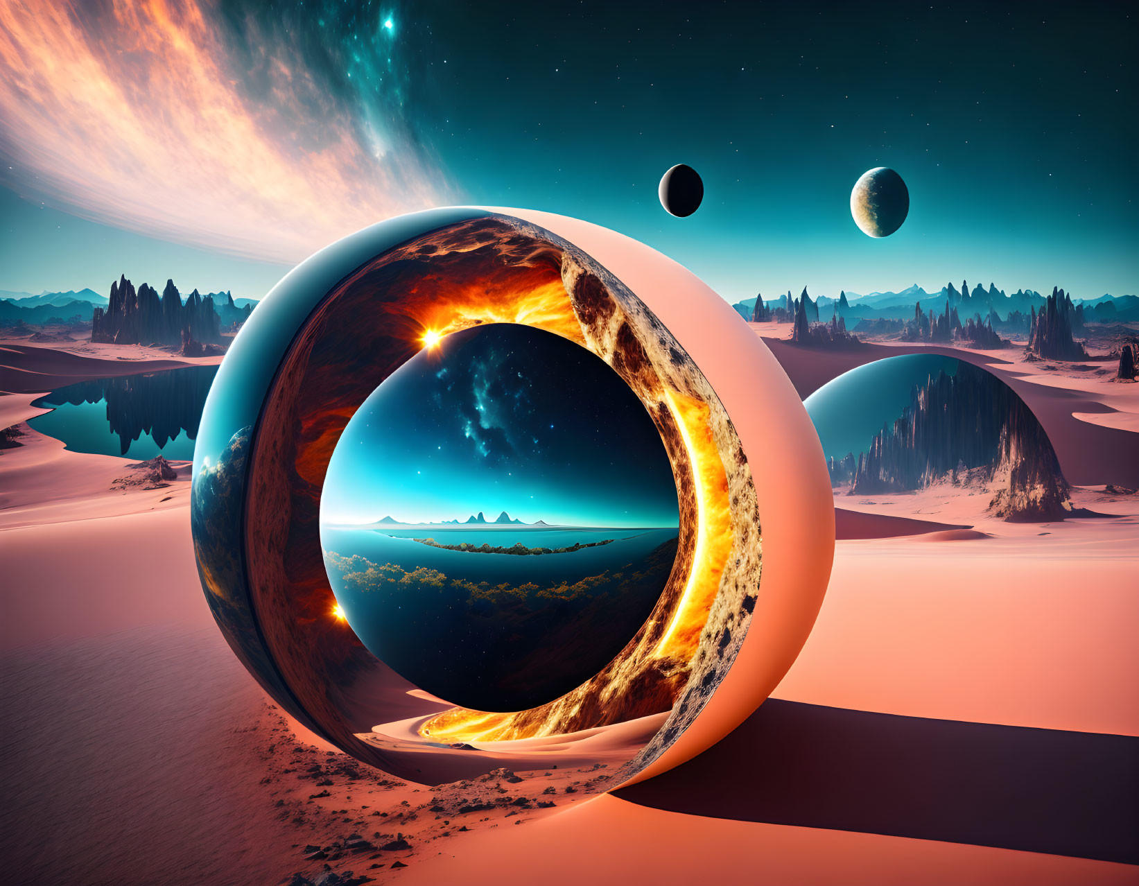 Surreal sci-fi landscape with looped portal, lava, sea, alien desert, and planets