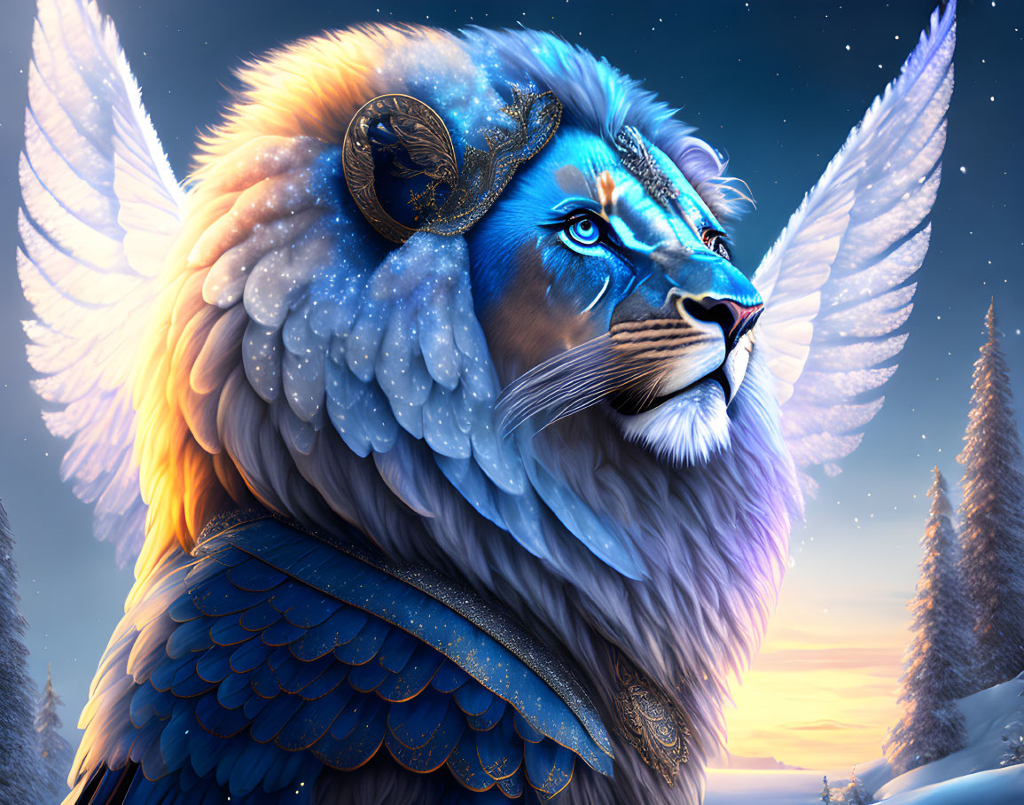 Blue lion-headed eagle with wings in snowy twilight landscape