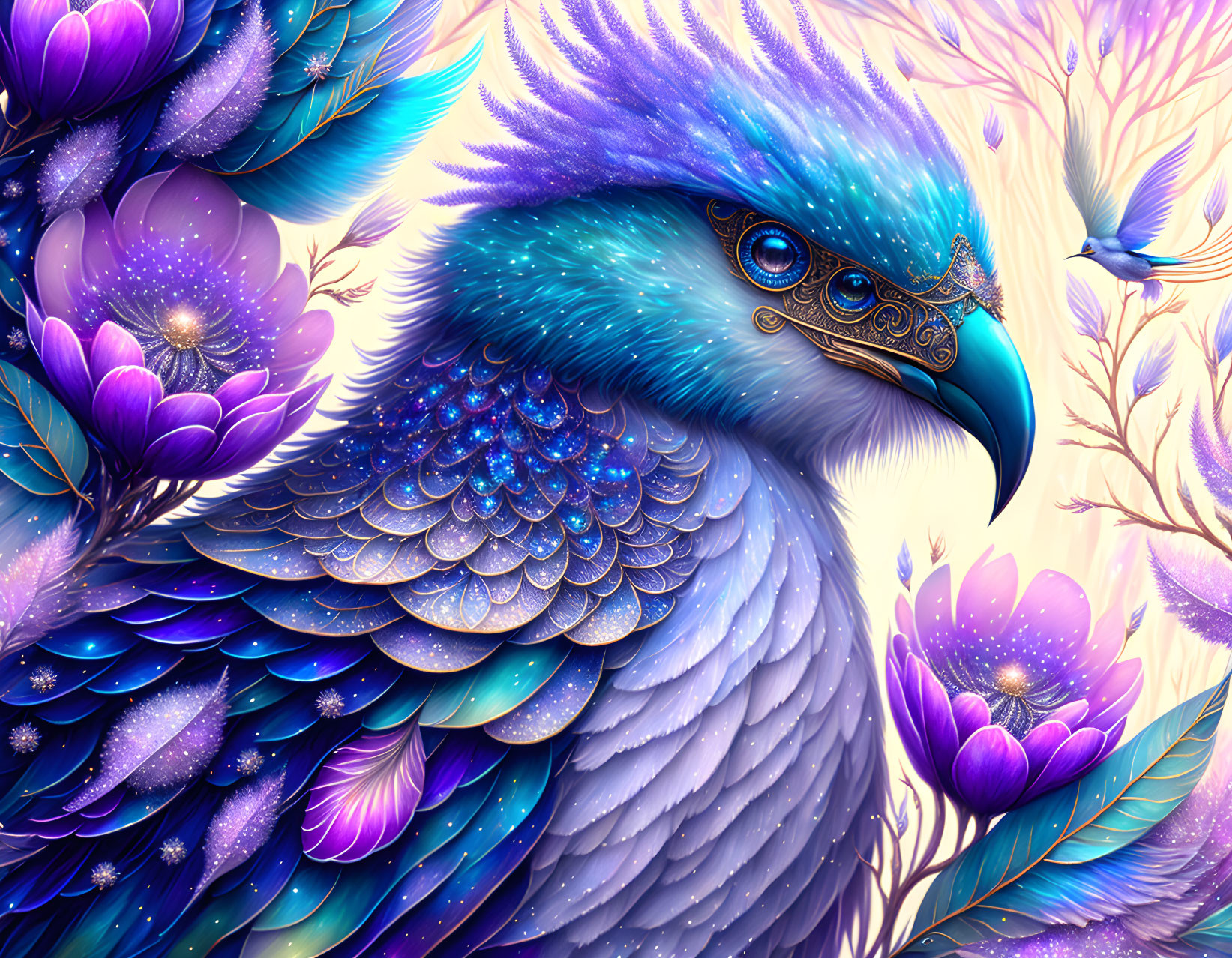 Colorful Mythical Peacock Illustration with Blue and Purple Feathers