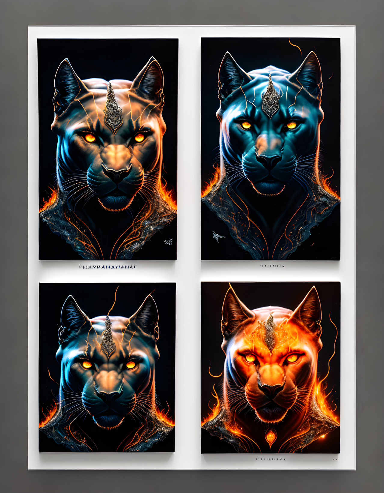 Artistic Panther Face Illustrations with Neon Tribal Patterns on Dark Background