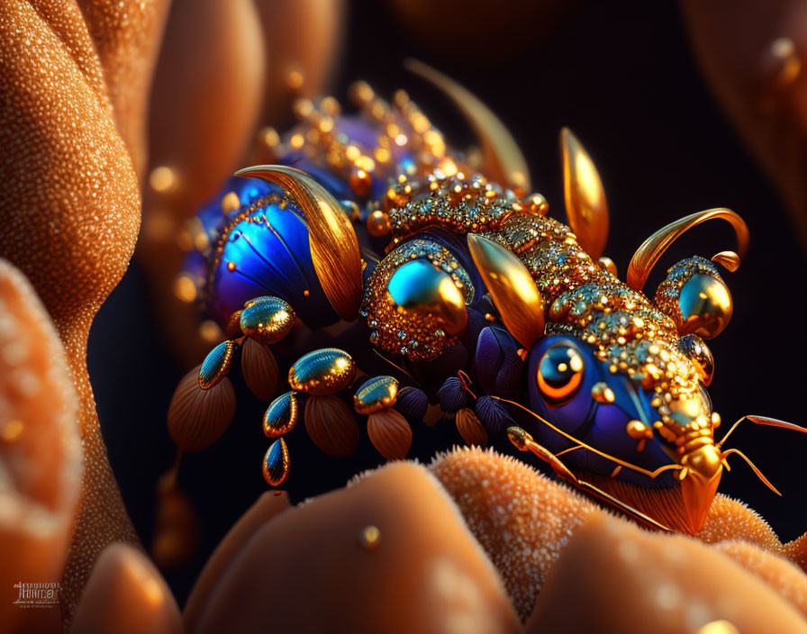 Colorful digital artwork of a lobster-like creature in blue and gold tones on an orange background.