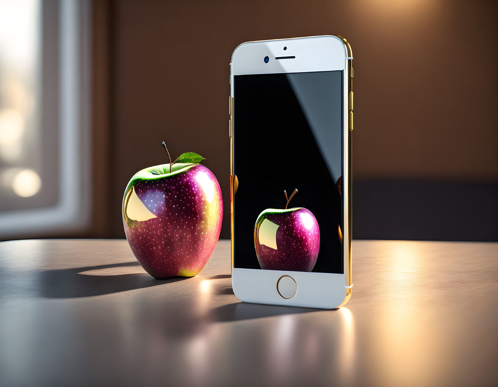 White Smartphone Next to Modified Apple on Wooden Surface