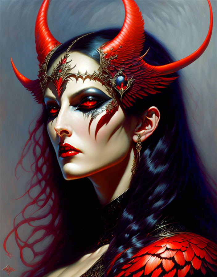 Fantasy Portrait of Woman with Red Horns, Gold Adornments, and Feathers