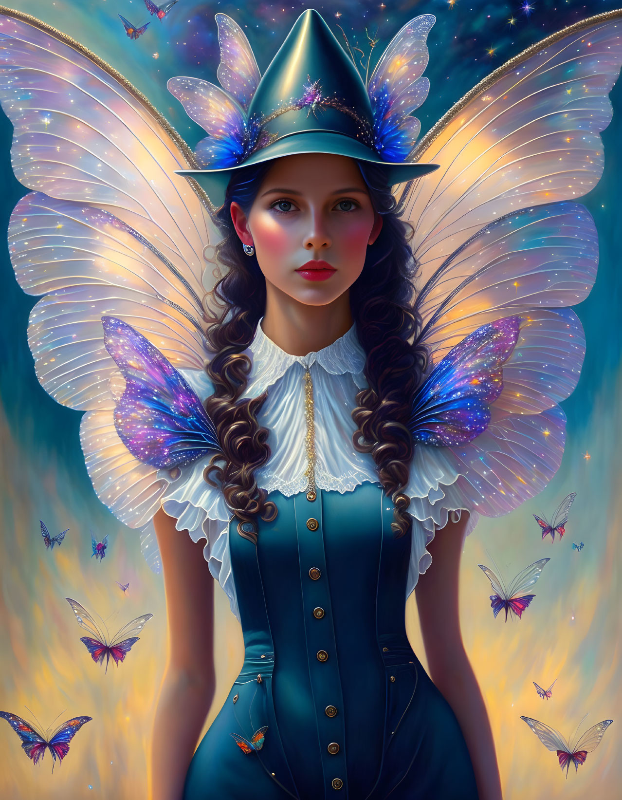 Fantasy illustration: Woman with luminescent butterfly wings in blue Victorian outfit surrounded by floating butterflies