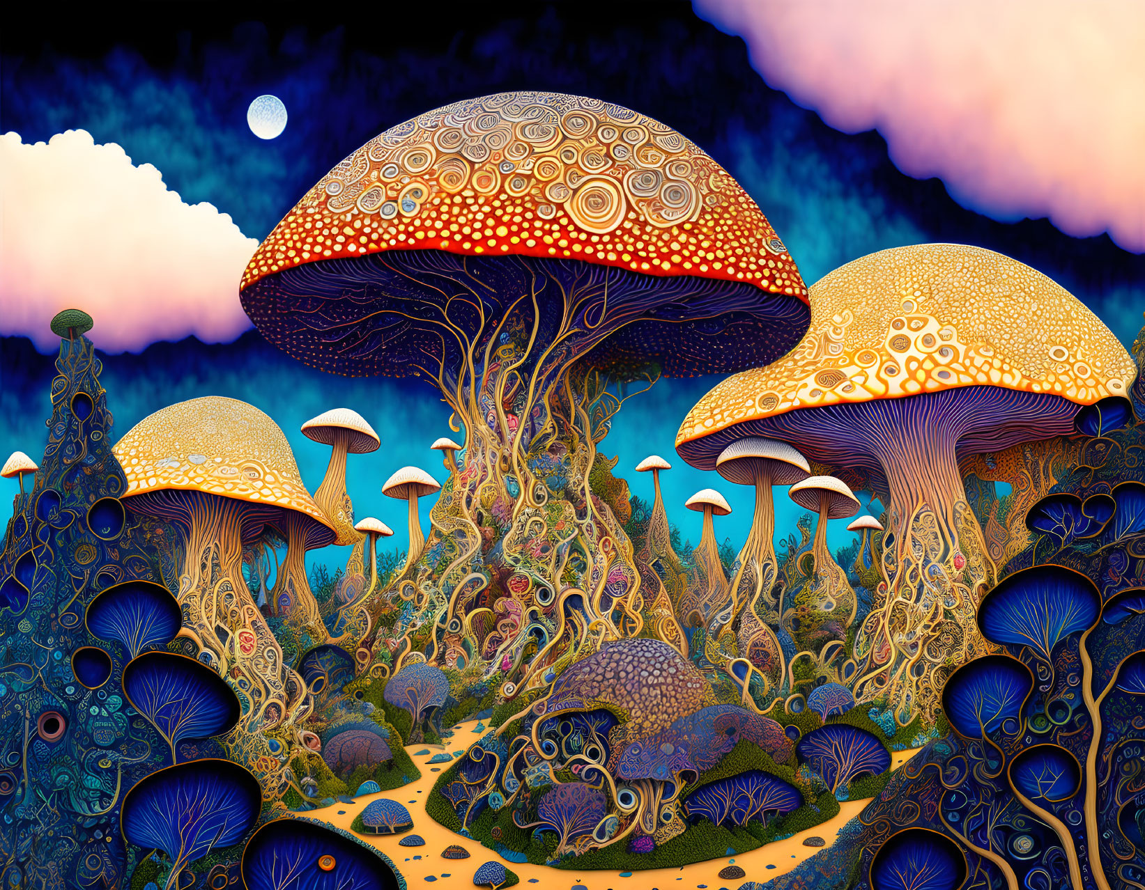 Colorful Psychedelic Mushroom Illustration on Blue and Pink Sky