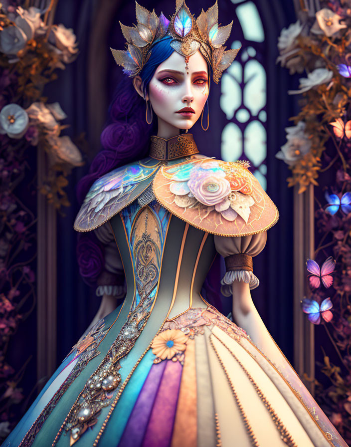 Blue-skinned fantasy character in gold attire with crown, surrounded by flowers and butterflies