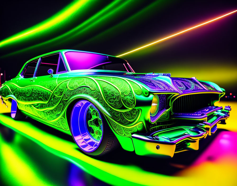 Neon-lit classic car with intricate designs on vibrant background