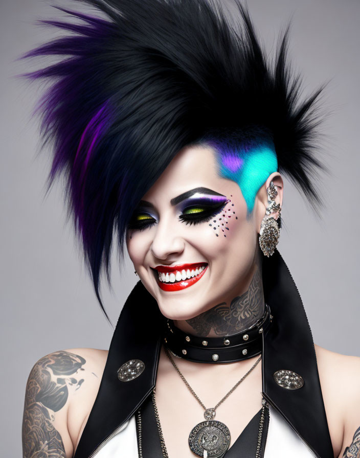 Colorful makeup and vibrant mohawk person with tattoos and spiked choker smiling