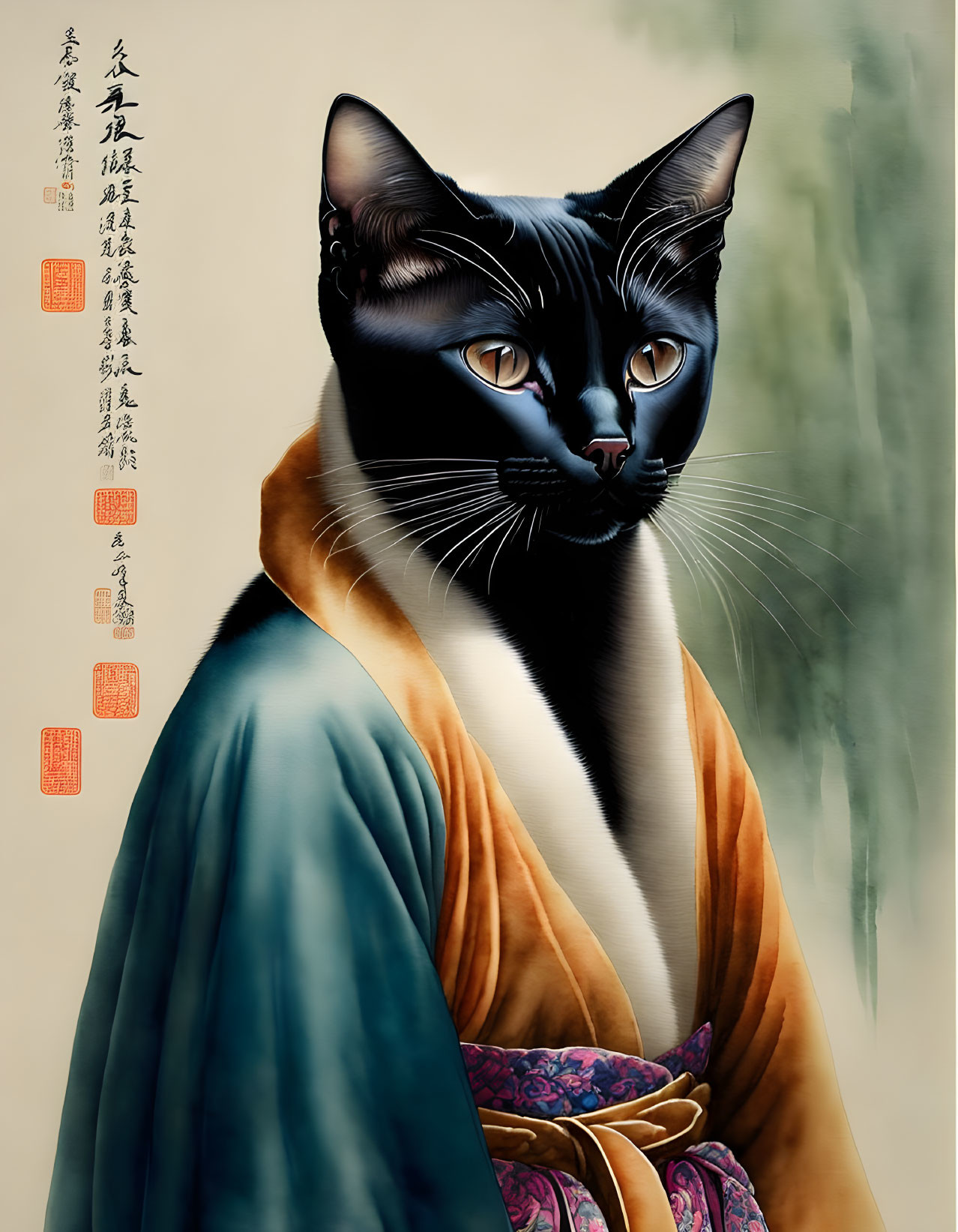 Black and white anthropomorphic cat in Chinese attire with calligraphy and red seals.