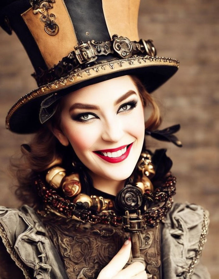 Smiling woman in steampunk outfit with top hat and goggles