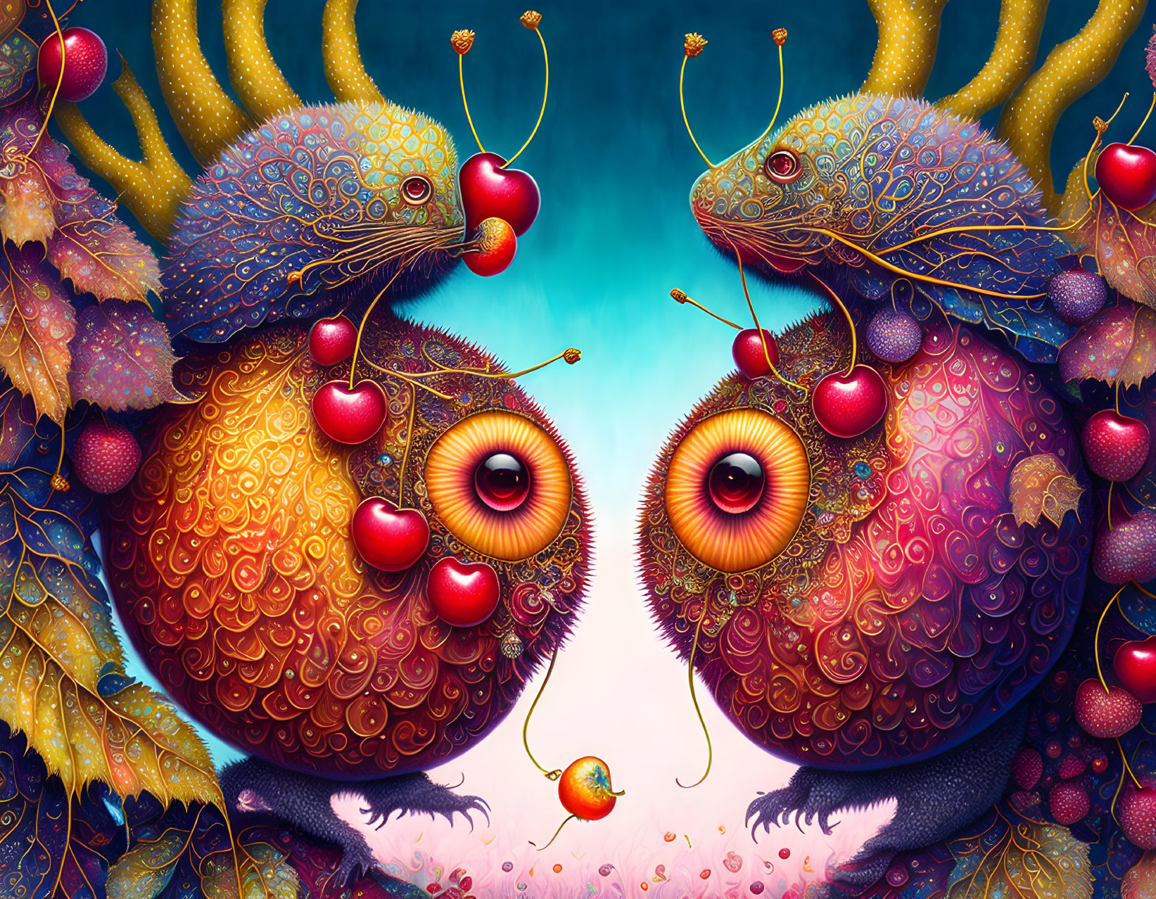 Colorful creatures with large eyes in vibrant fantasy scene