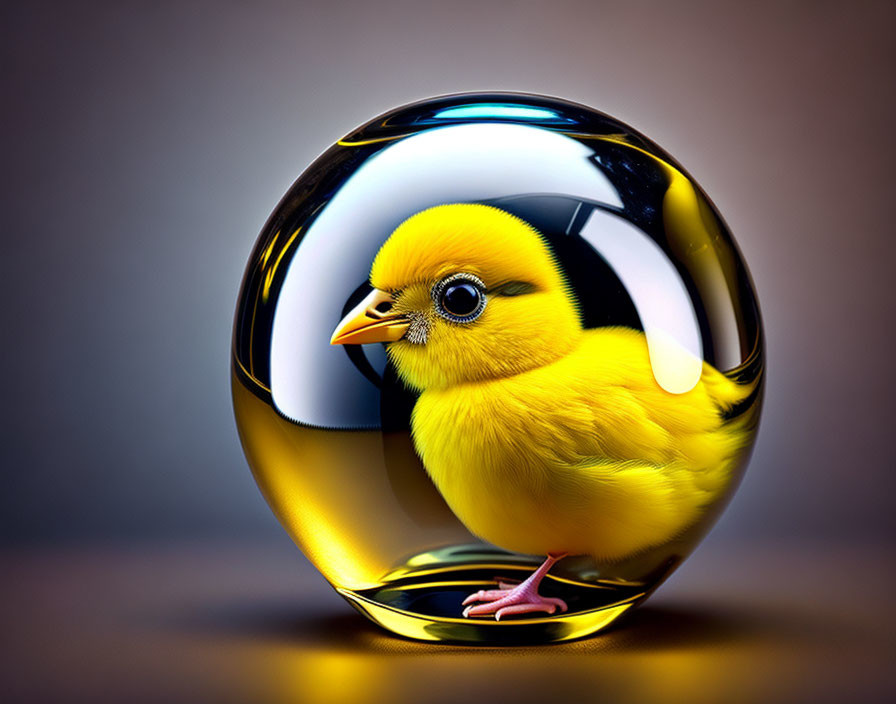 Vibrant yellow chick in glossy spherical bubble on muted backdrop