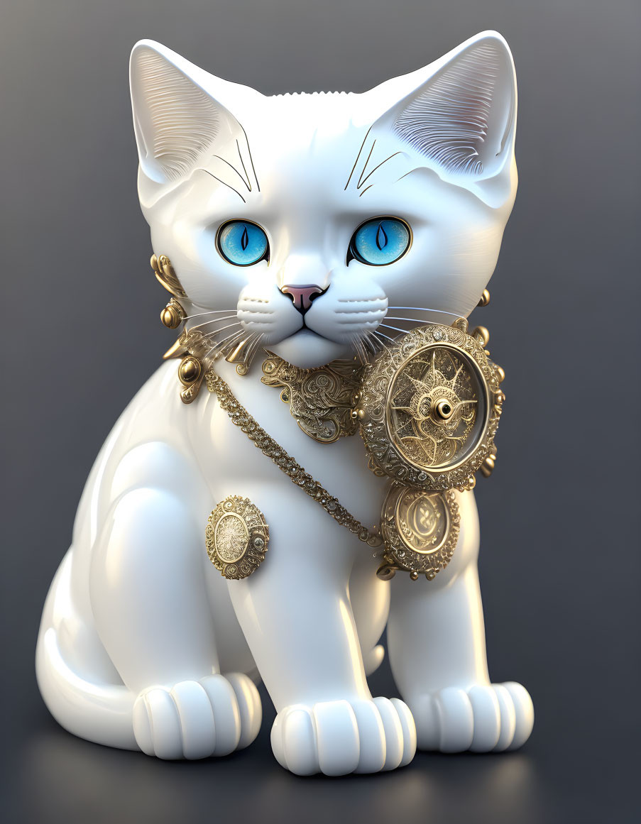 Detailed White Cat Illustration with Blue Eyes and Golden Jewelry on Gray Background