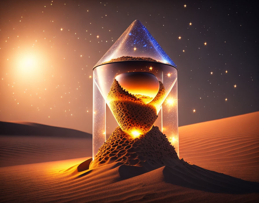 Surreal hourglass with cosmic galaxy effect on desert sands