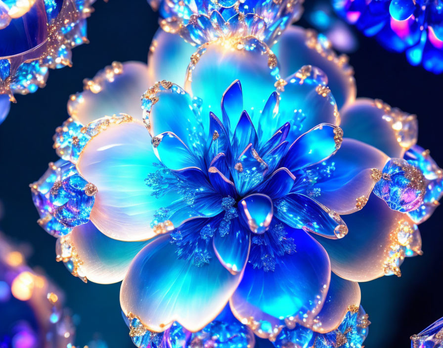 Digital artwork of blue flowers with glowing edges on dark bokeh background