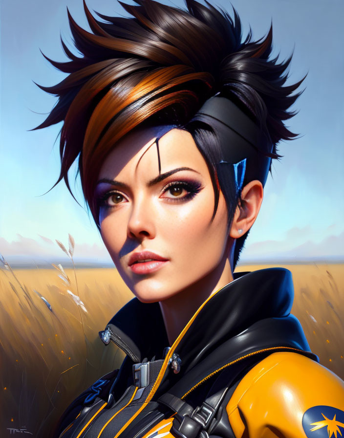 Modern female character in yellow and black suit against golden field backdrop