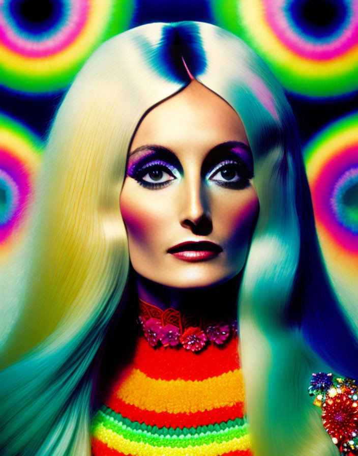 Blond Woman in Colorful Striped Attire on Psychedelic Background