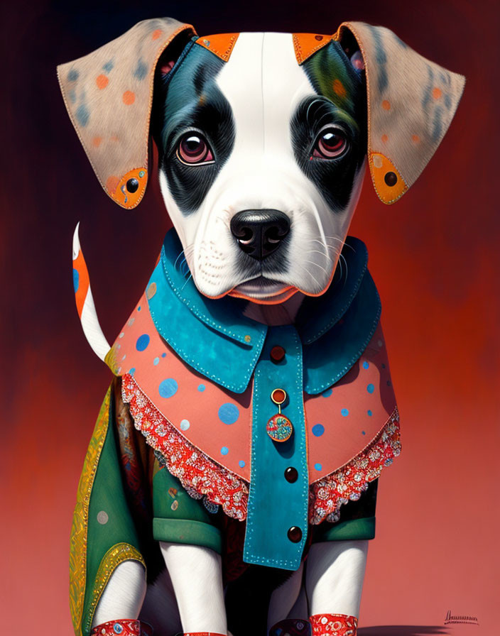 Colorful jacket-wearing dog with human-like eyes on red background