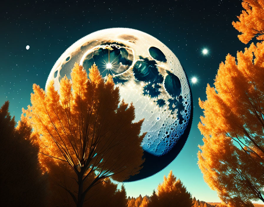 Vibrant autumn trees under oversized detailed moon in surreal night scene