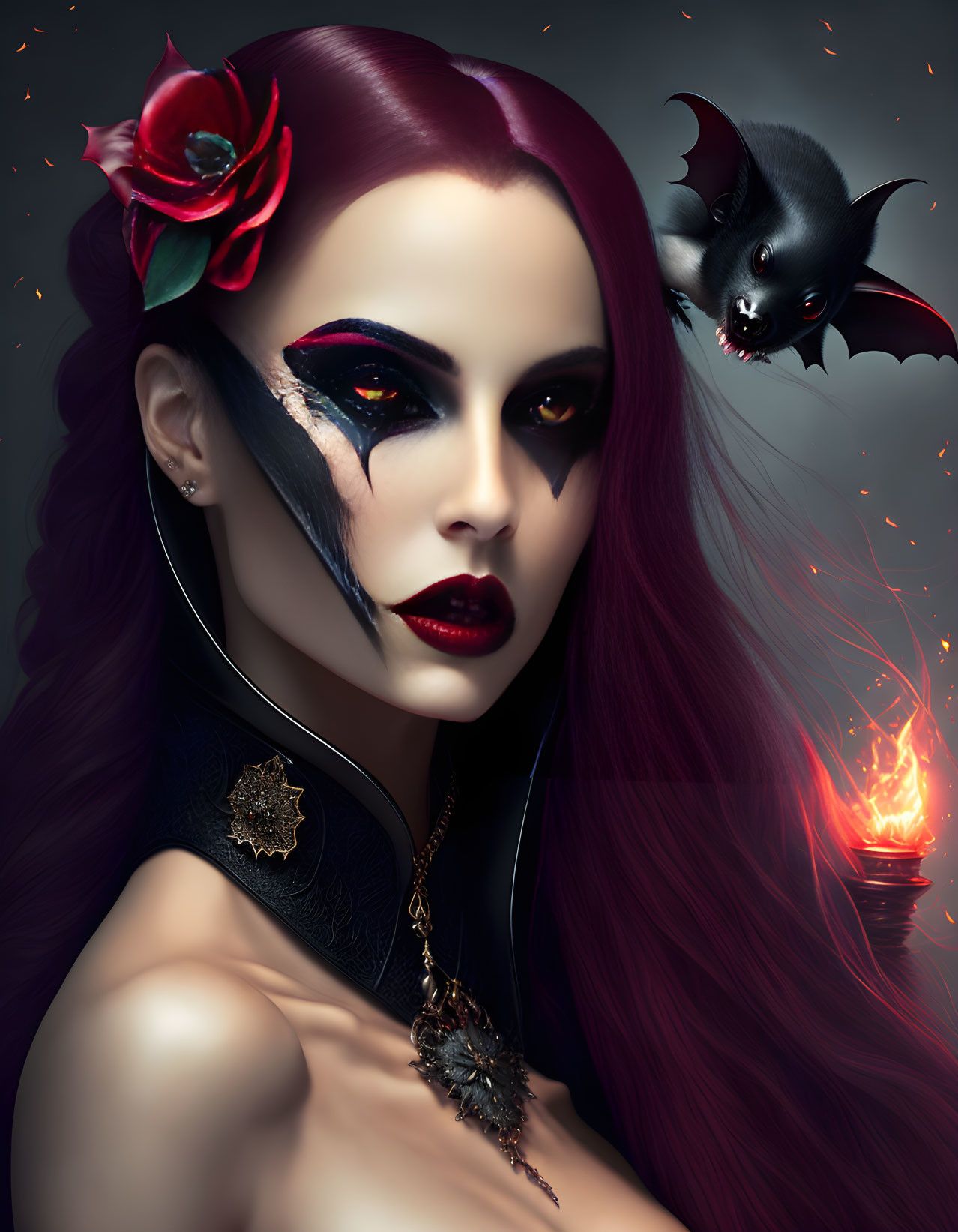 Gothic woman with red flower and bat holding torch on dark background