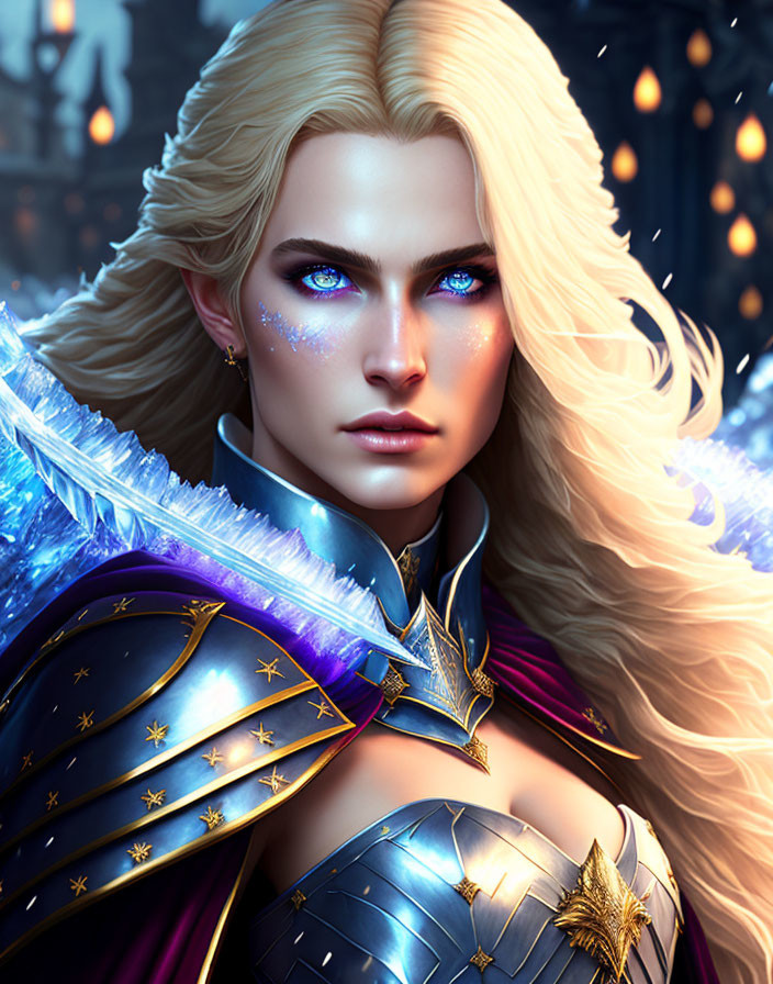 Fantasy female warrior digital art portrait with blonde hair and blue eyes