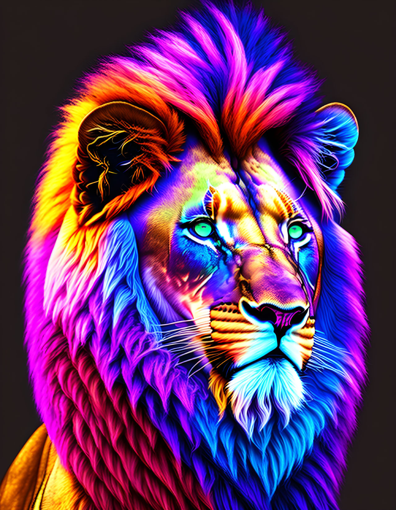 Colorful Neon Lion Art Against Dark Background: Purple, Blue, Orange