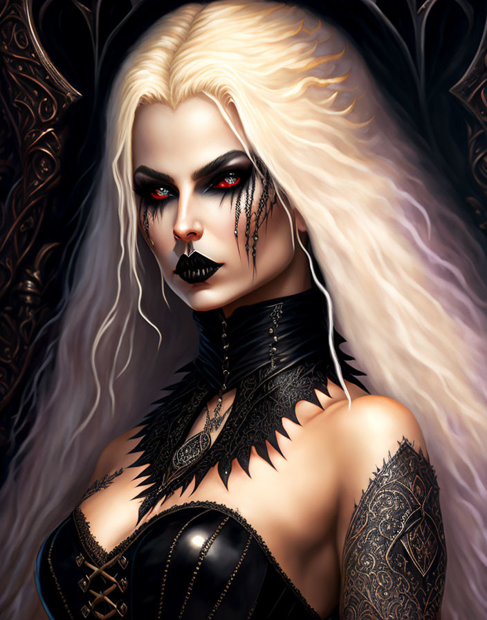 Digital Art Portrait: Female Character with Platinum Blonde Hair, Red Eyes, Black Lipstick, and Gothic