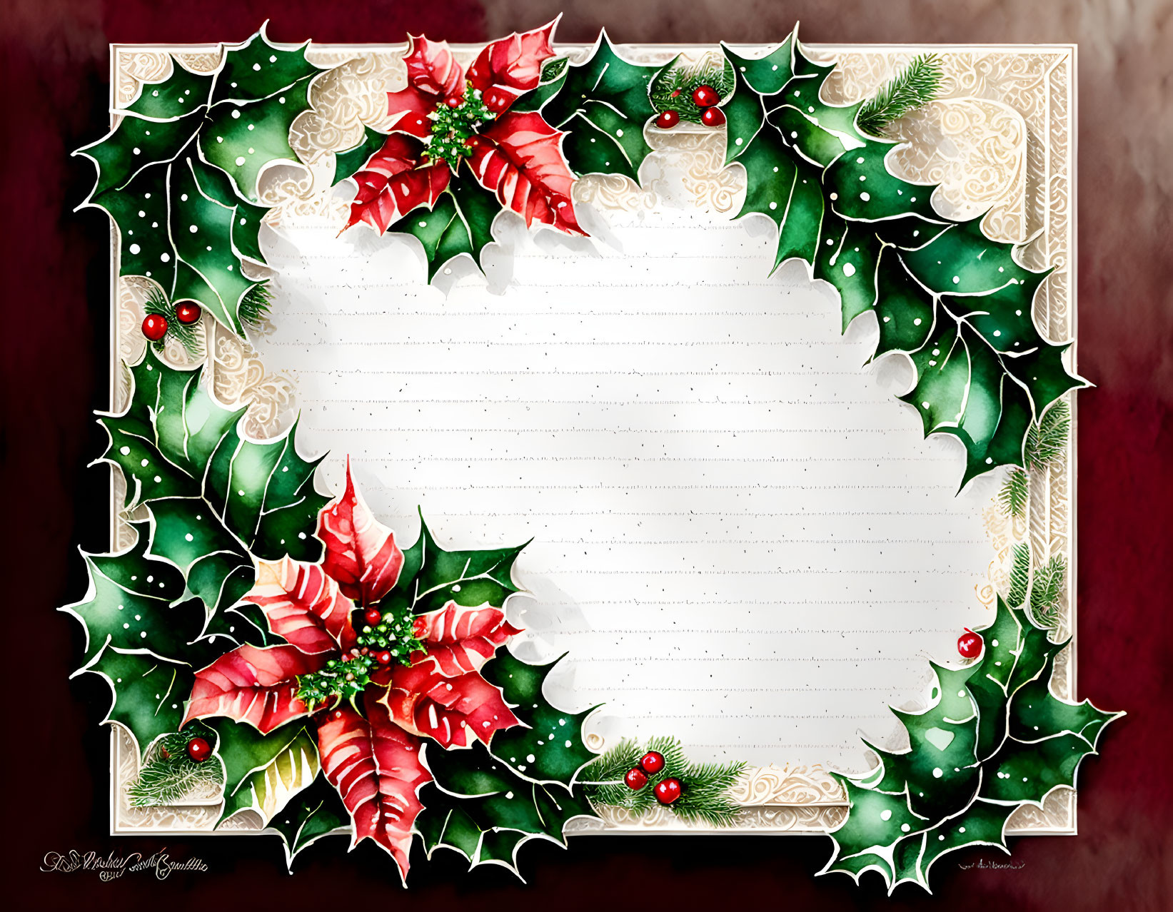 Christmas-themed blank card with holly leaves and poinsettias on red backdrop