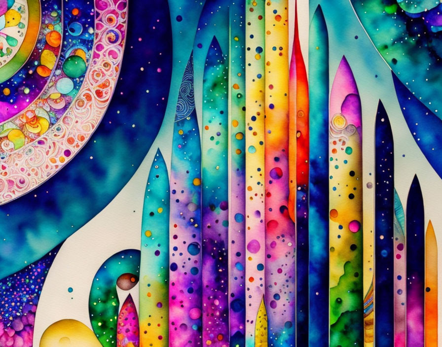 Colorful Abstract Watercolor Painting with Cosmic Motifs