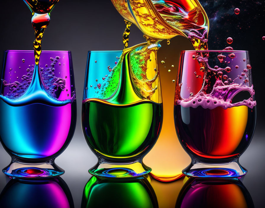 Colorful liquids poured into glasses creating dynamic splashes on dark background