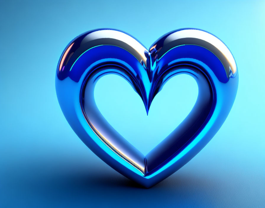 Reflective metallic blue heart shape on gradient blue background