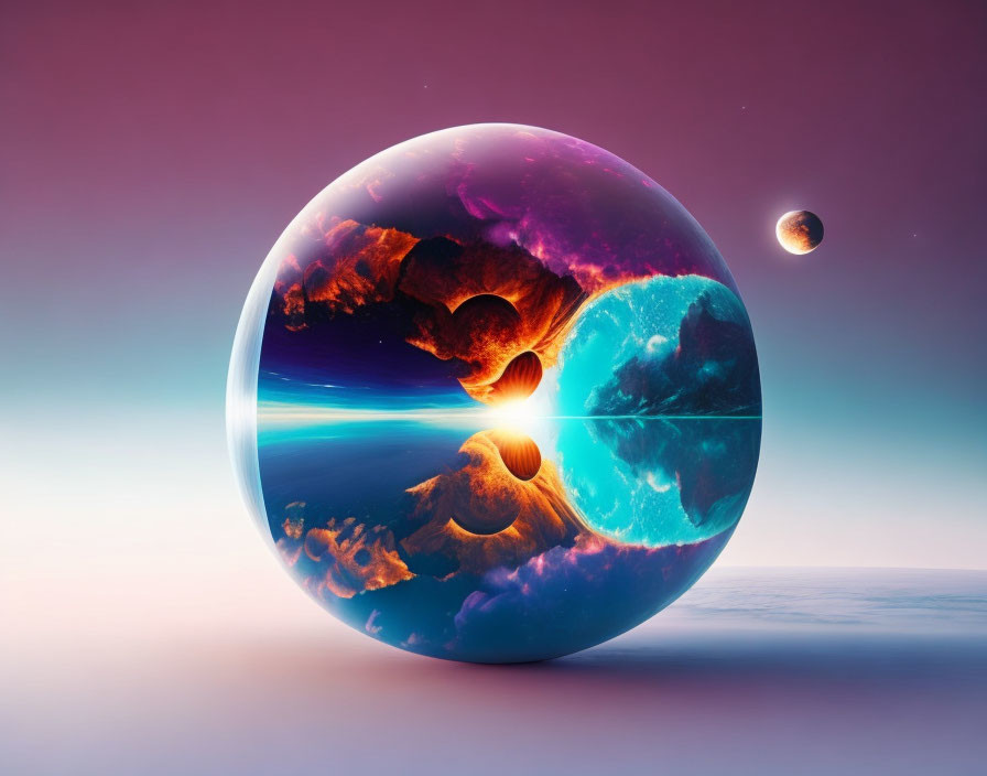 Surreal glossy reflective sphere with transformed landscapes against dual-toned sky