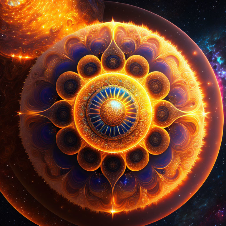 Circular fractal mandala with cosmic backdrop and intricate details