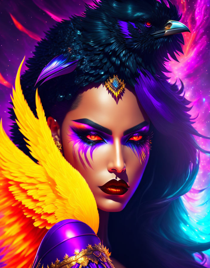 Fantasy-themed woman with vibrant makeup and black bird shoulder companion