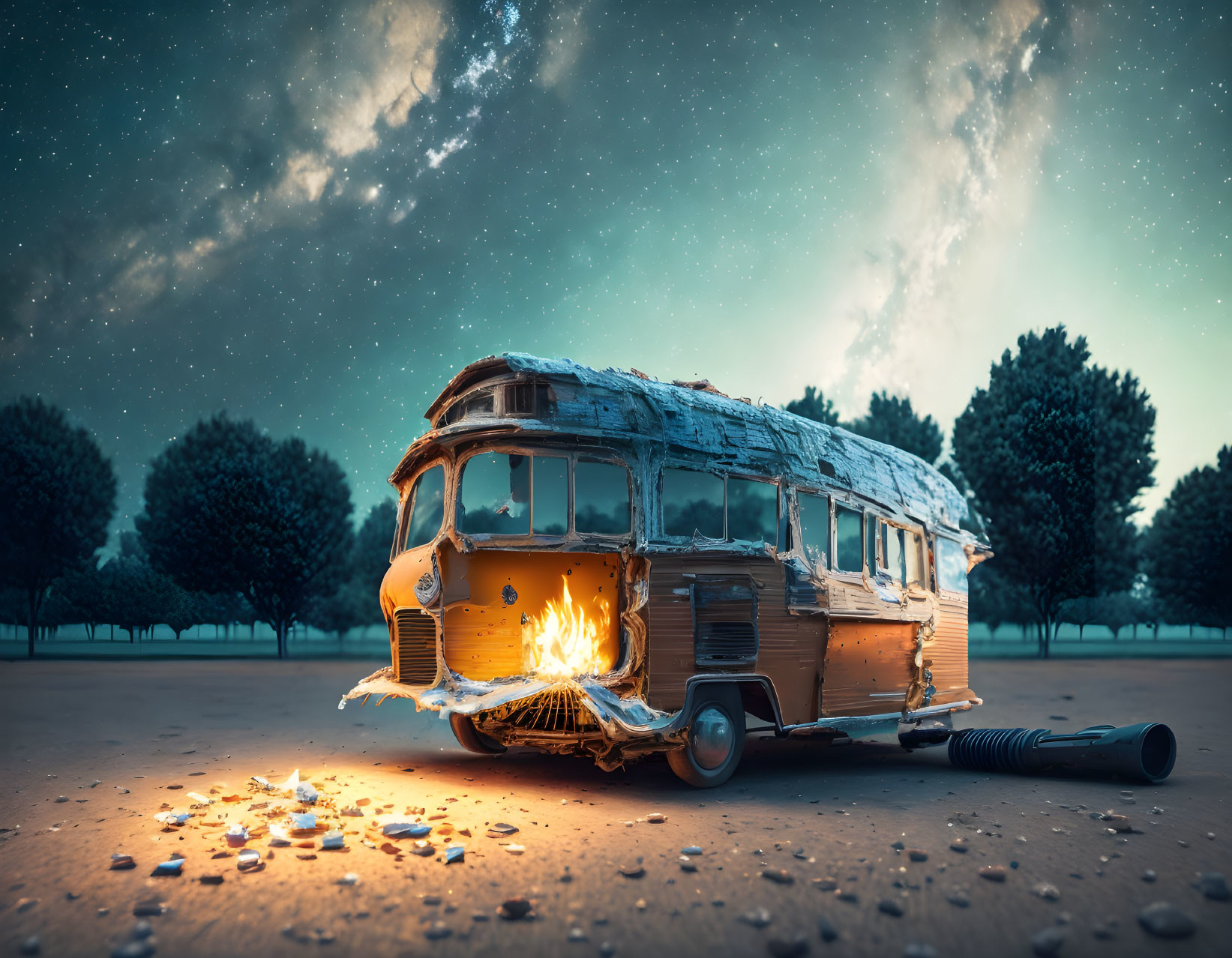 Abandoned yellow school bus with broken wheel under starry sky and glowing fire.