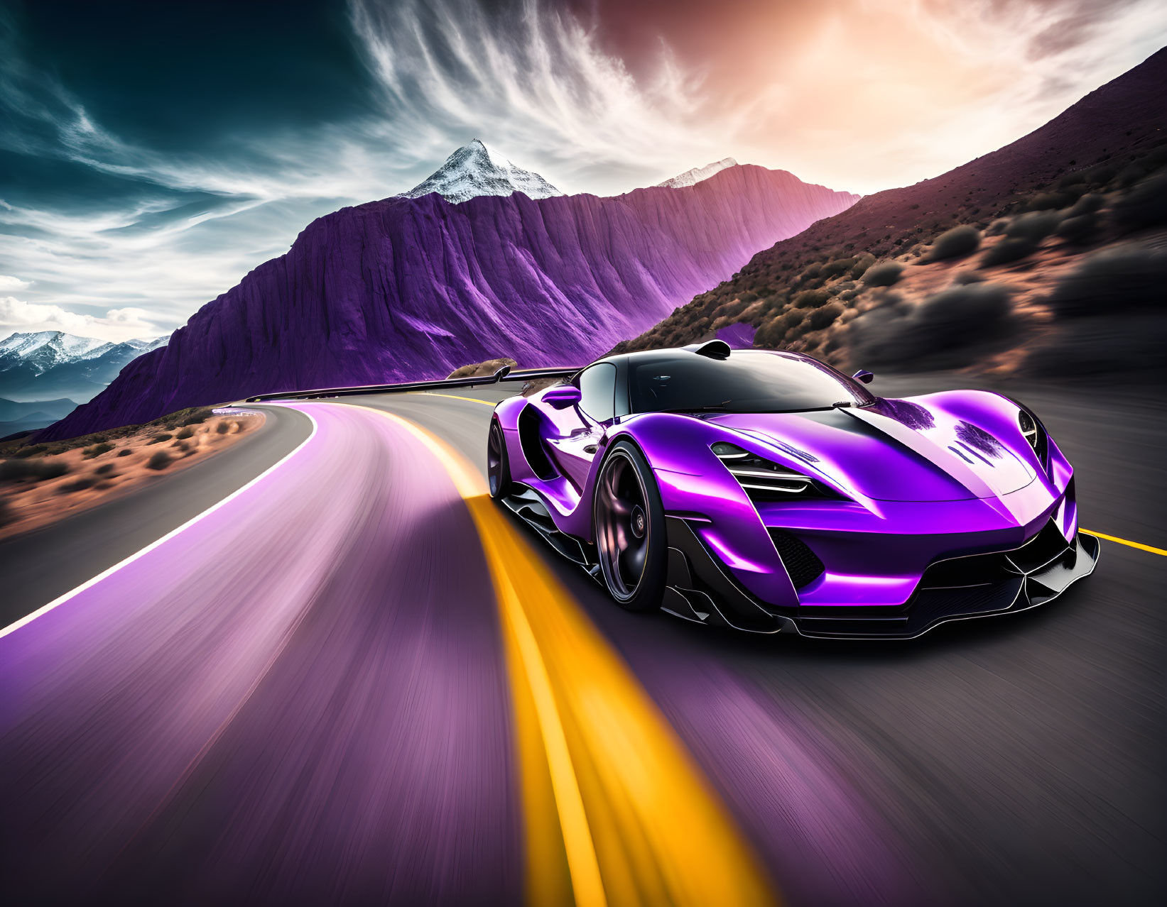 Purple sports car races on mountain road under dramatic sky