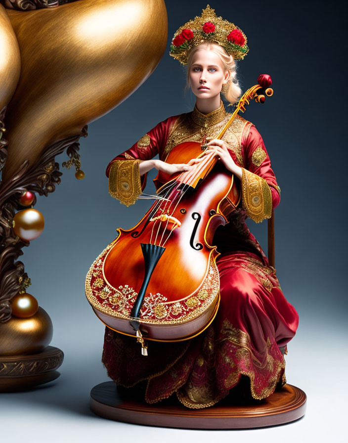 Woman in Red Dress with Viola and Golden Decor on Blue Background