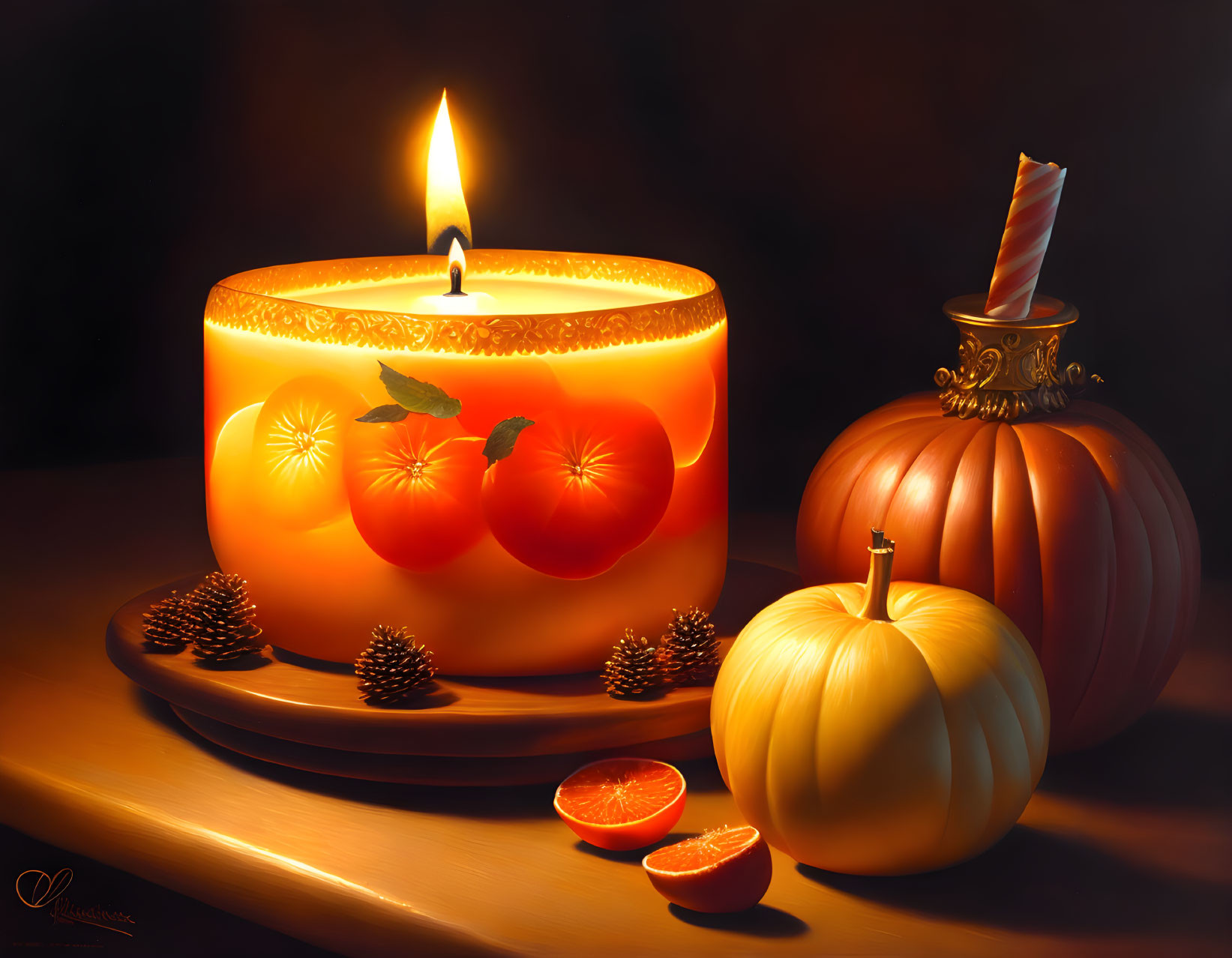 Still life painting with candle, oranges, pumpkin, pinecones, and citrus slices on dark background