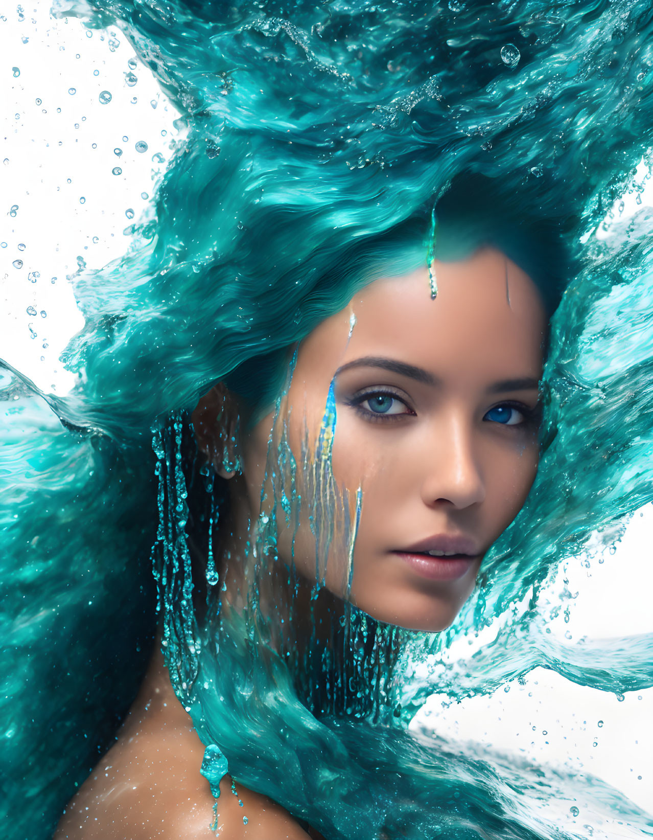 Portrait of woman with vibrant blue eyes surrounded by swirling aquamarine water splash.