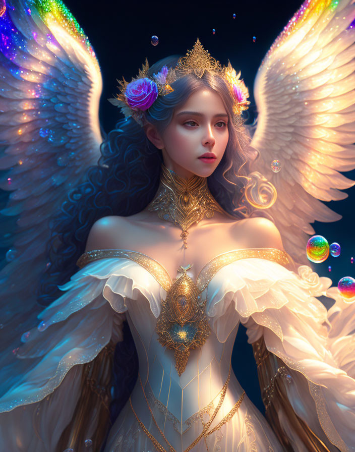 Ethereal woman with rainbow wings and floral crown in white and gold dress
