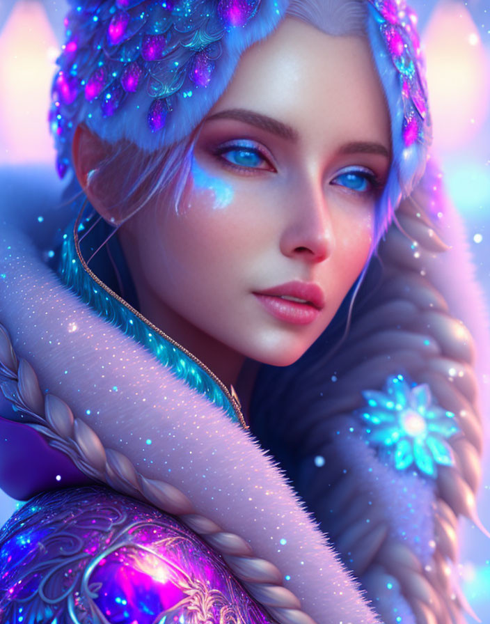 Digital Artwork: Woman with Blue Eyes and White Hair in Magical Setting