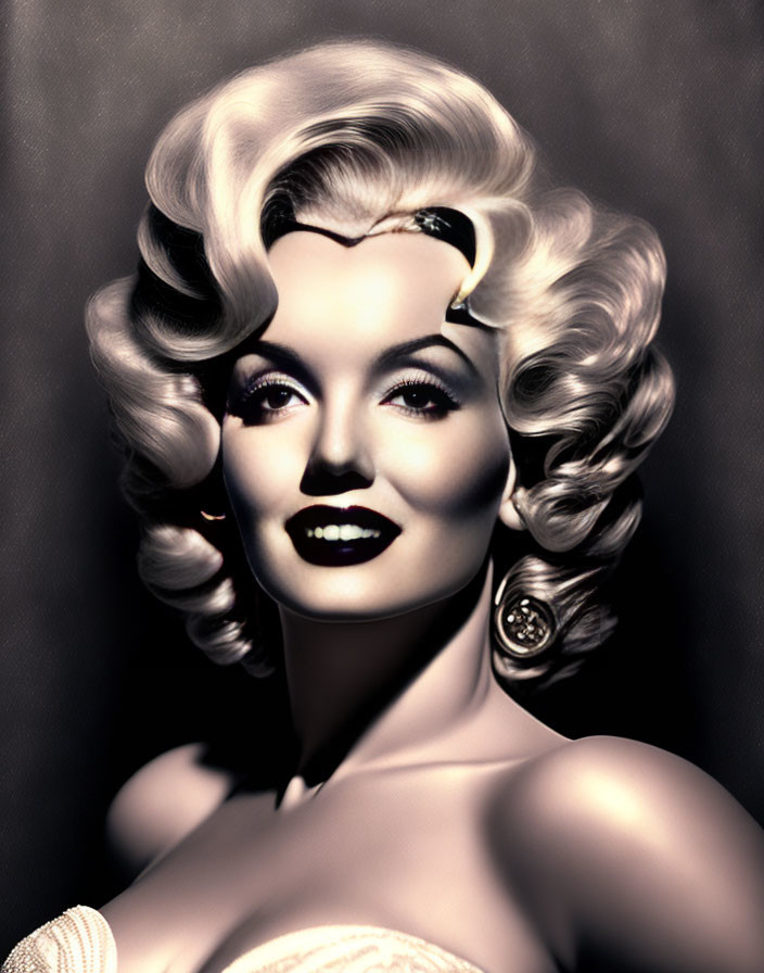 Classic Hollywood-style portrait of a woman with wavy hair and bold lipstick