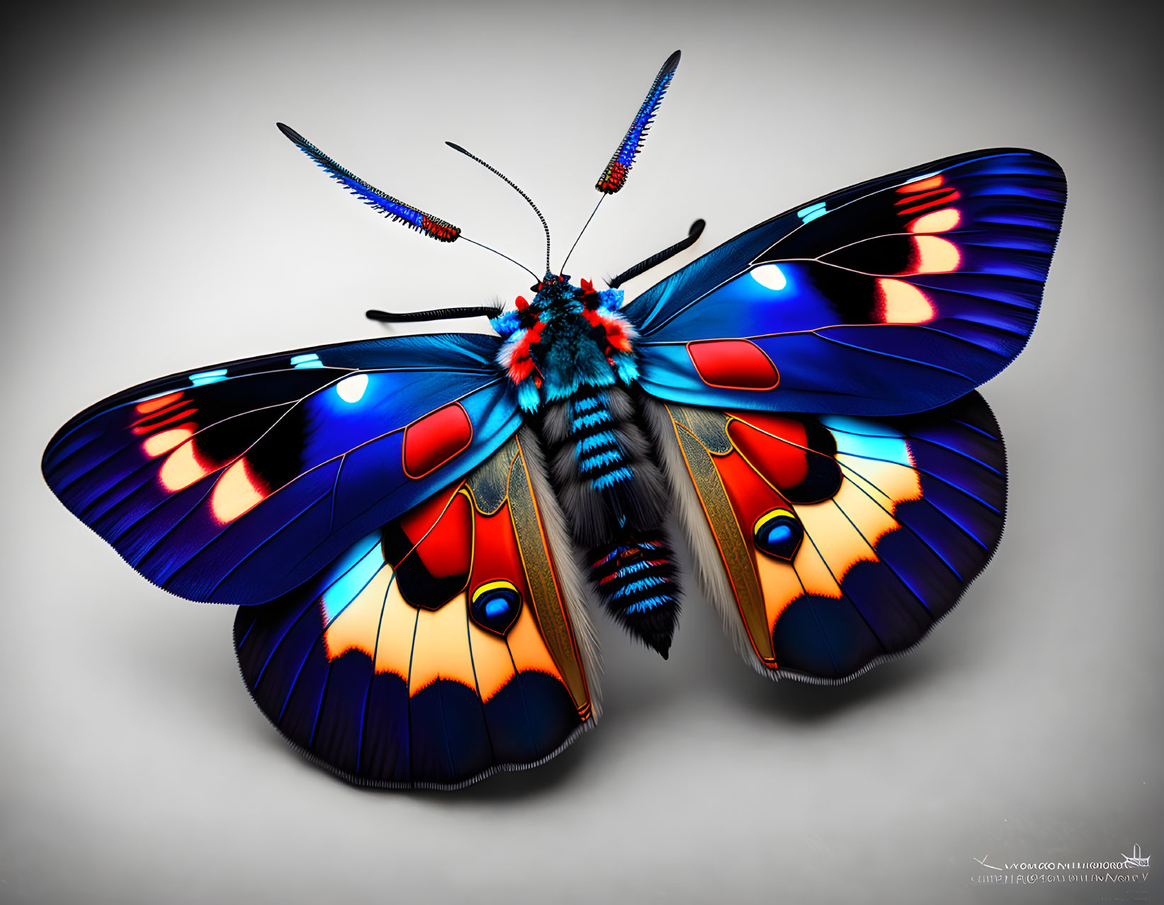 Colorful Butterfly with Blue, Orange, and Black Wings on Light Background