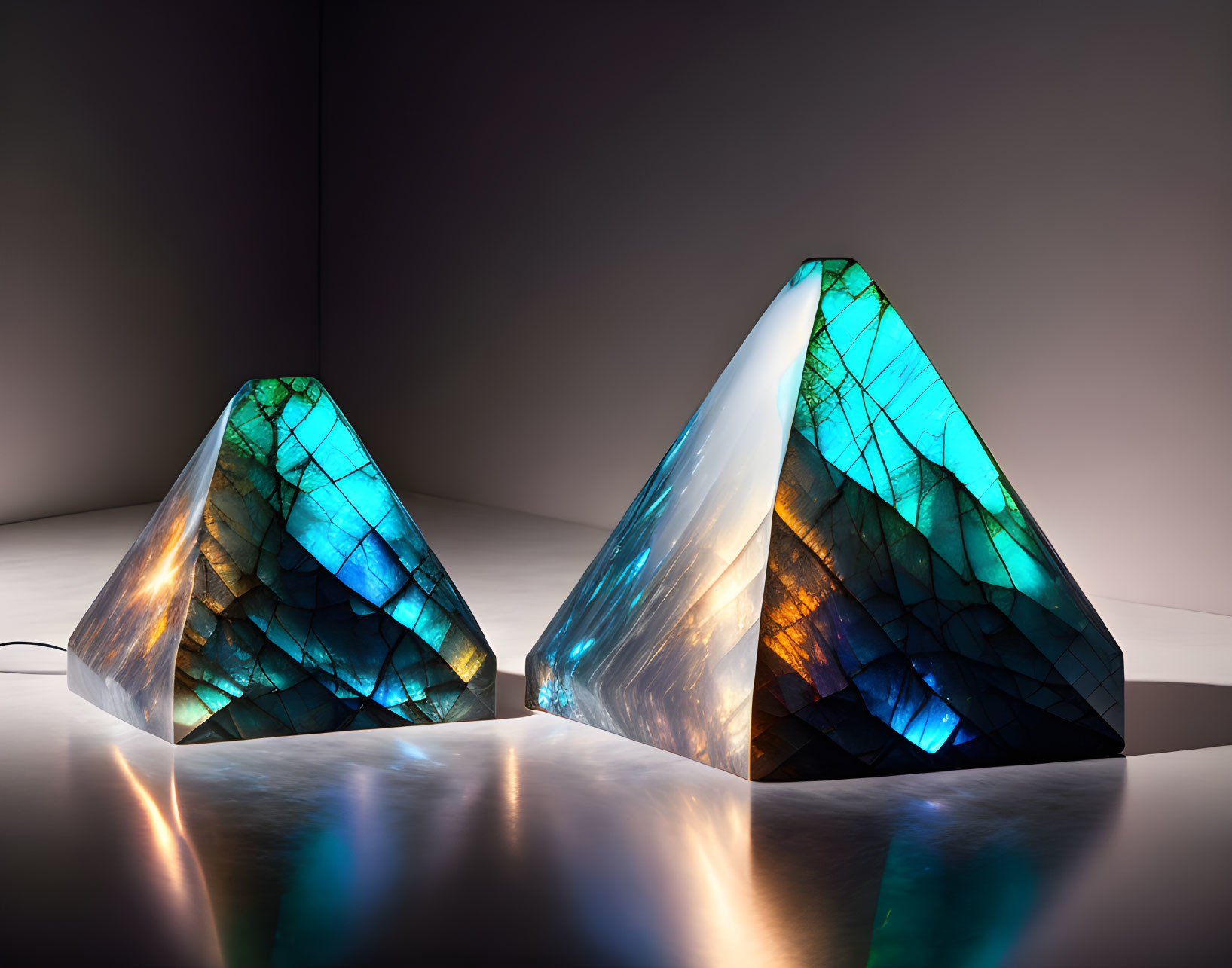 Illuminated triangular art installations with multicolored glass-like surface