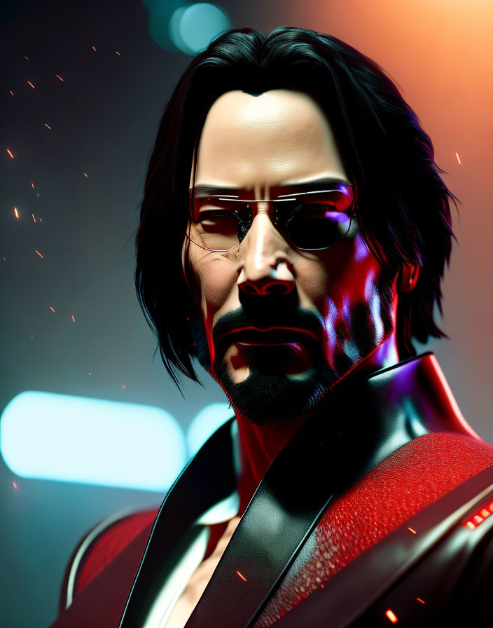 Stylized digital portrait of a man with long hair and beard in sunglasses and red-black jacket on