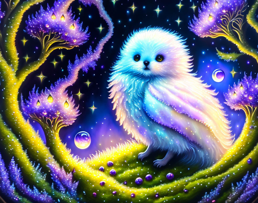 Colorful digital artwork: Mystical owl-like creature in cosmic scene