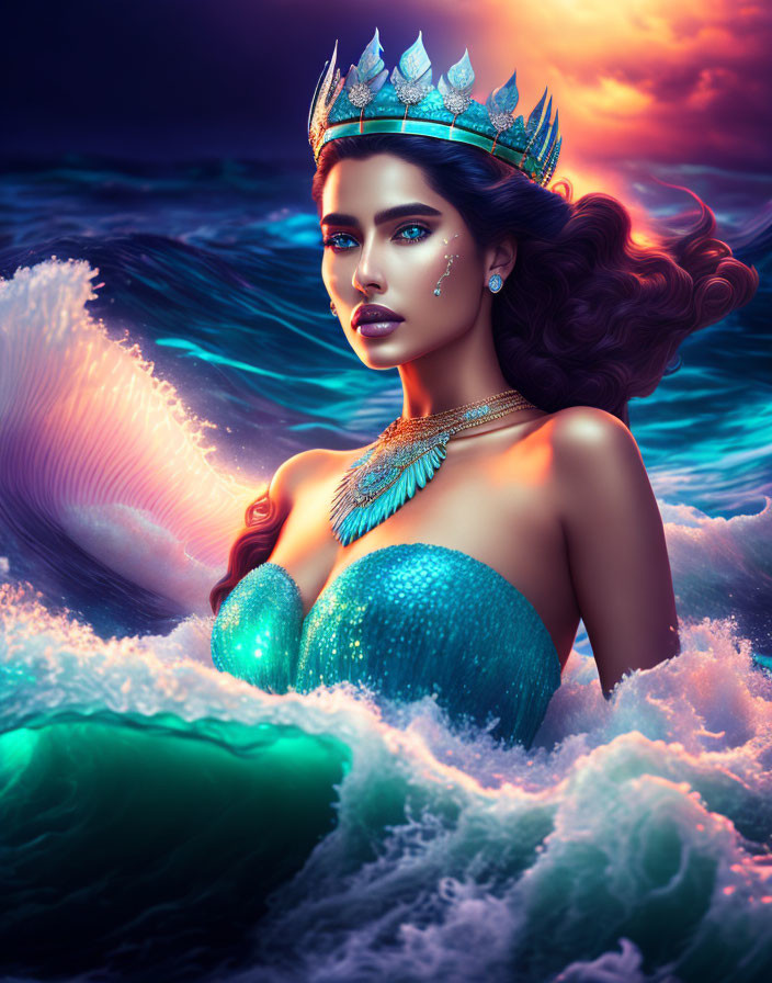 Mythical Mermaid Queen Artwork in Turbulent Ocean Scene